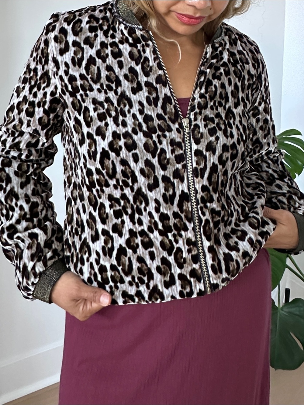 Tahari Leopard Print Bomber Jacket in White, Black & Brown